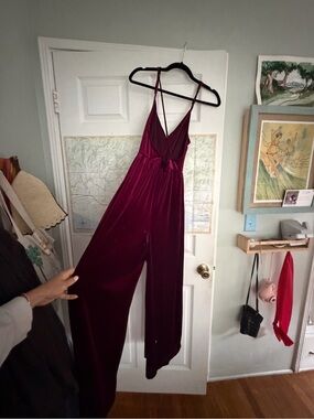 Free People Burgundy Velvet Wide-Leg Jumpsuit